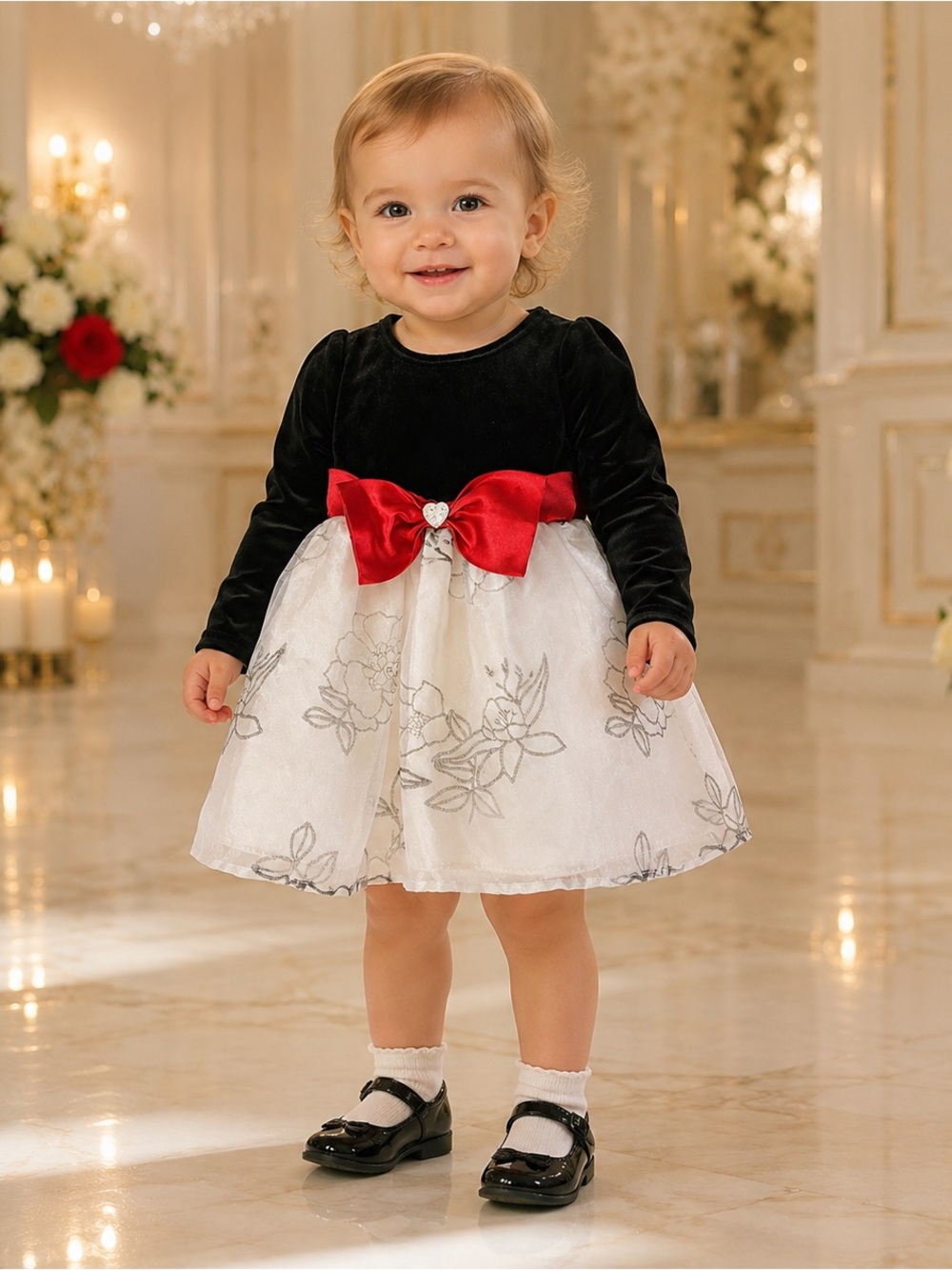 Youngland Baby Girls 18M Velvet Floral Holiday Dress Red Bow